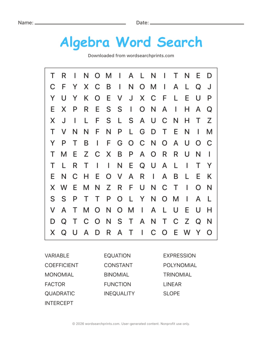 Algebra Word Search