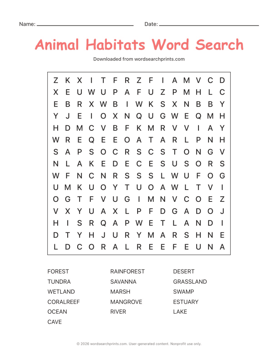 Animal Habitats Word Search