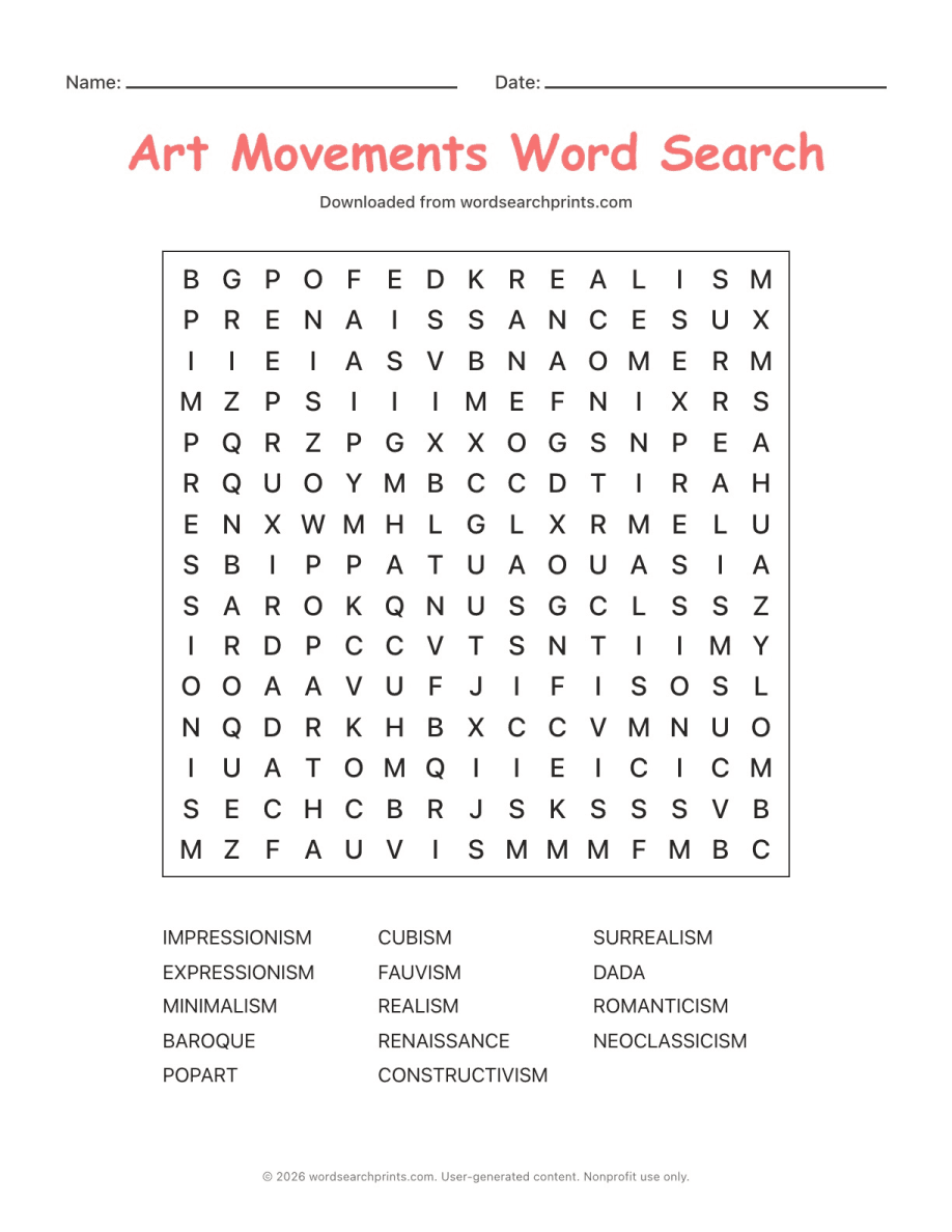 Art Movements Word Search