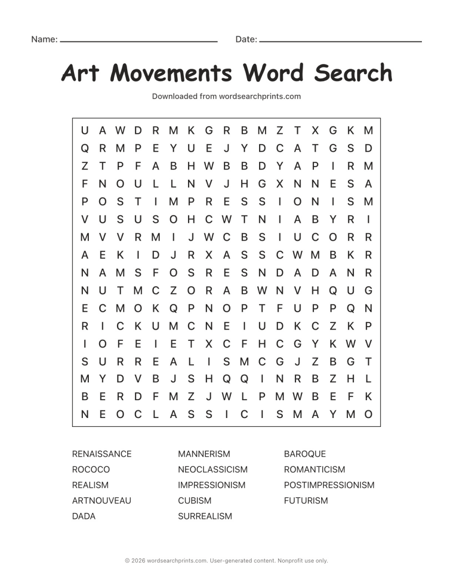 Art Movements Word Search
