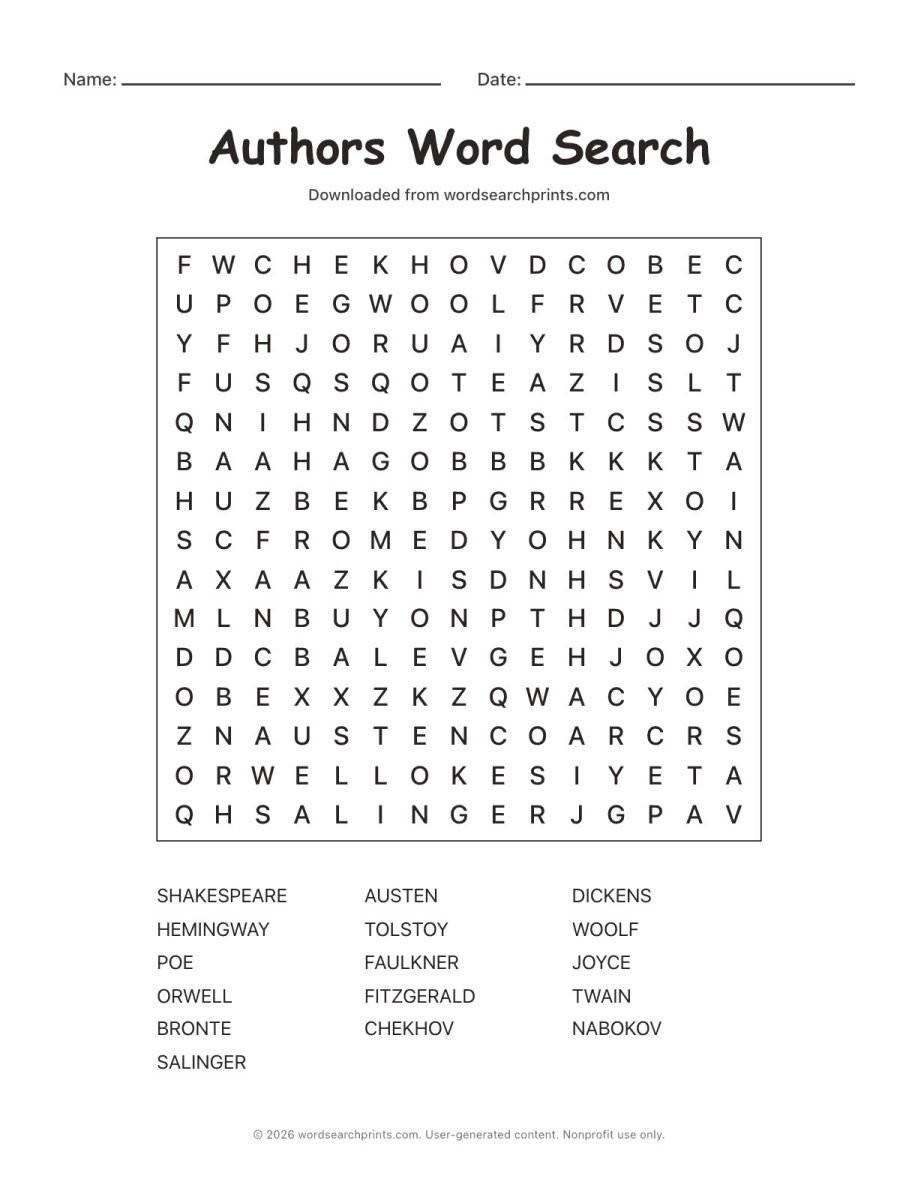 Authors Word Search