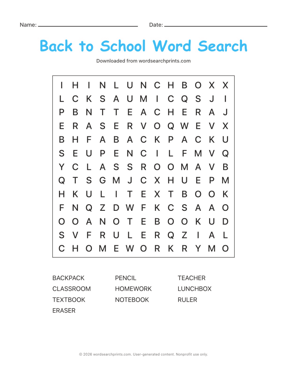 Back to School Word Search