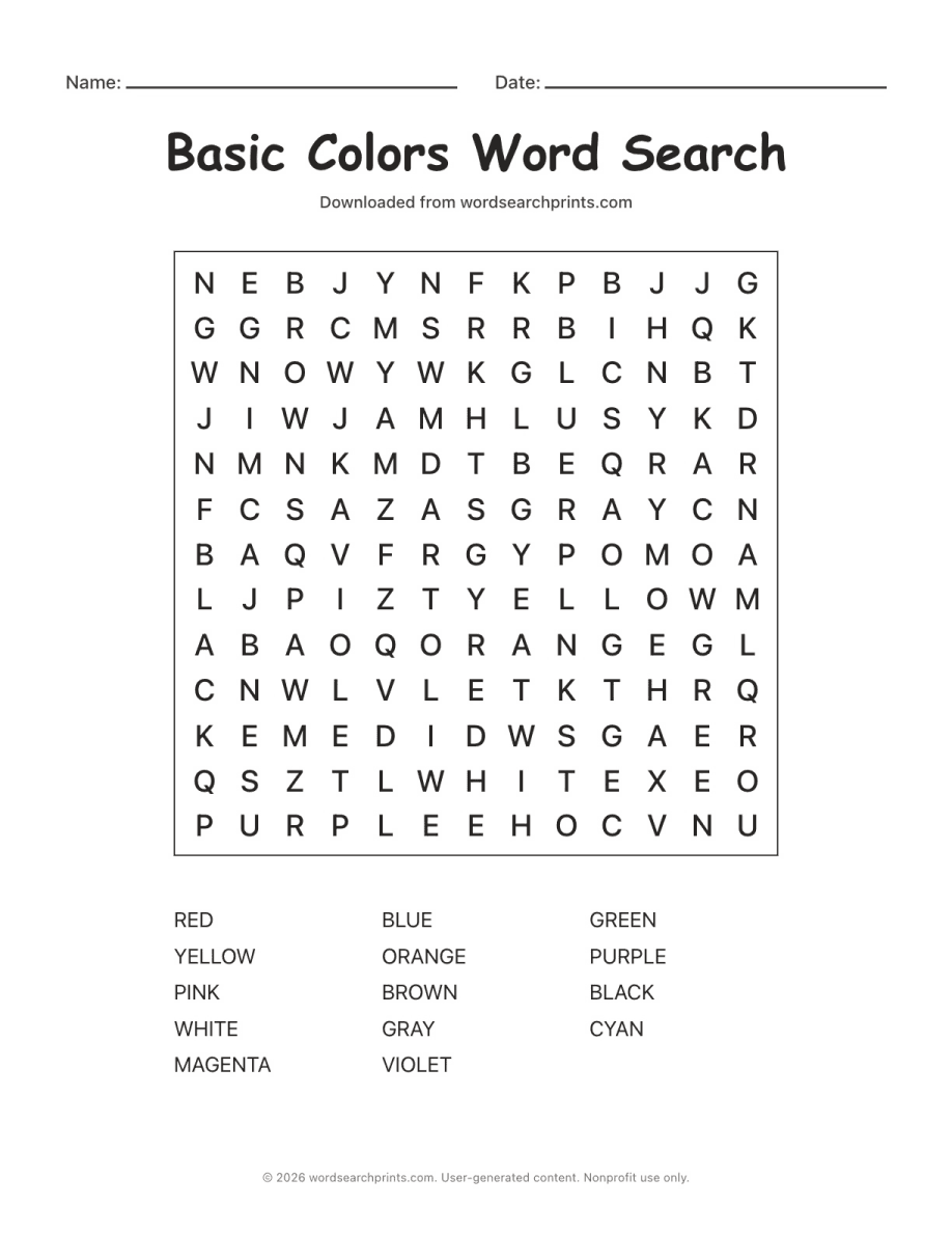Basic Colors Word Search