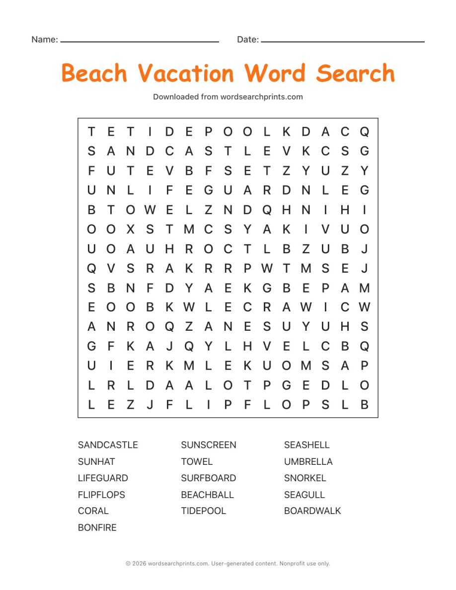 Beach Vacation Word Search