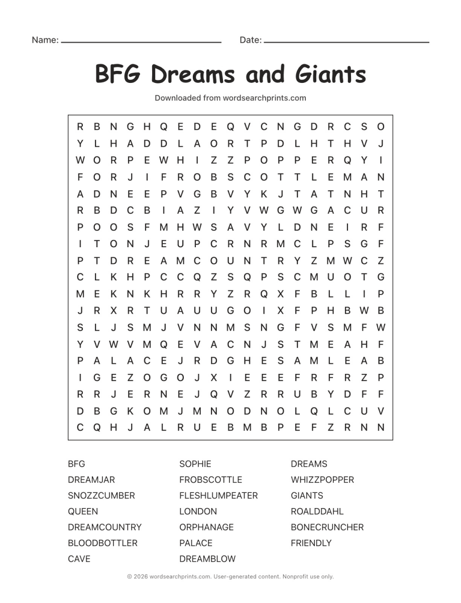 BFG Dreams and Giants Word Search