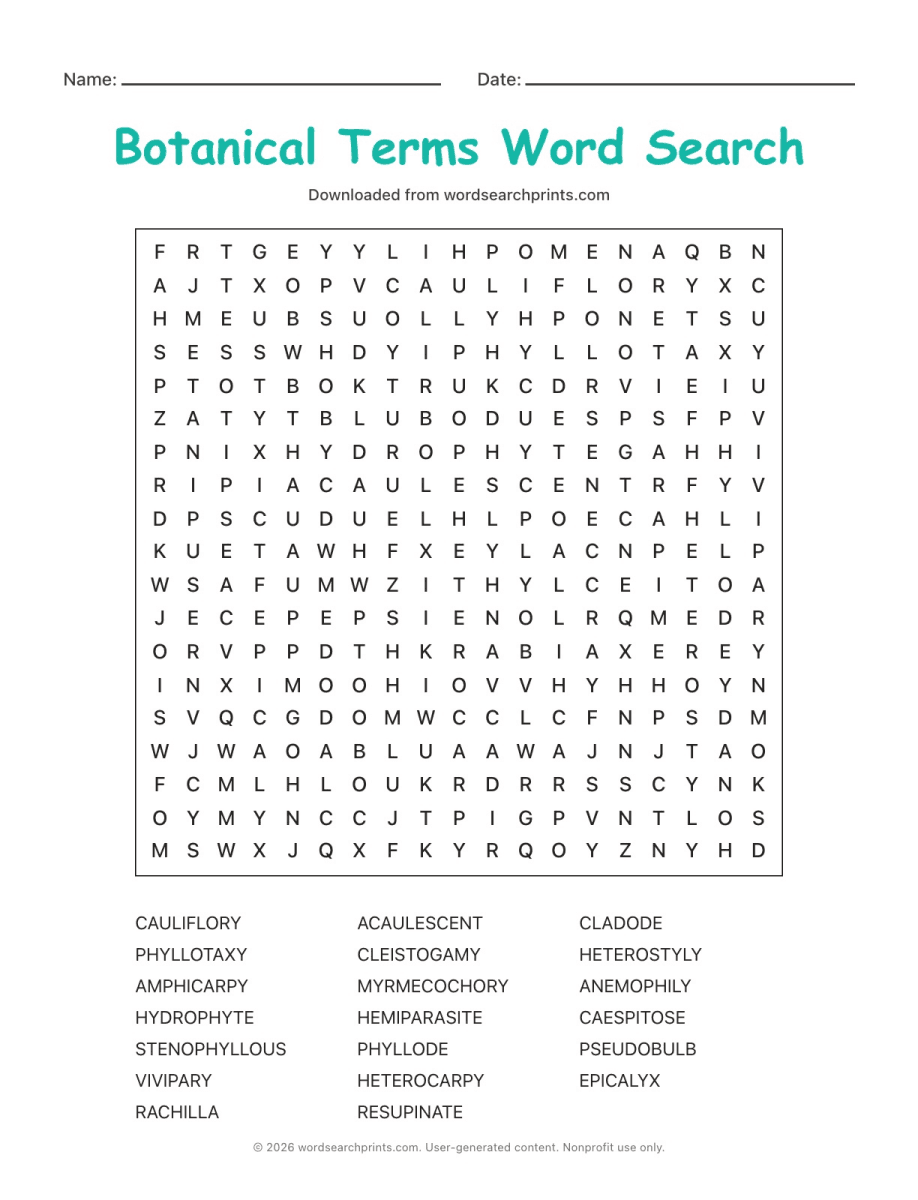 Botanical Terms Word Search