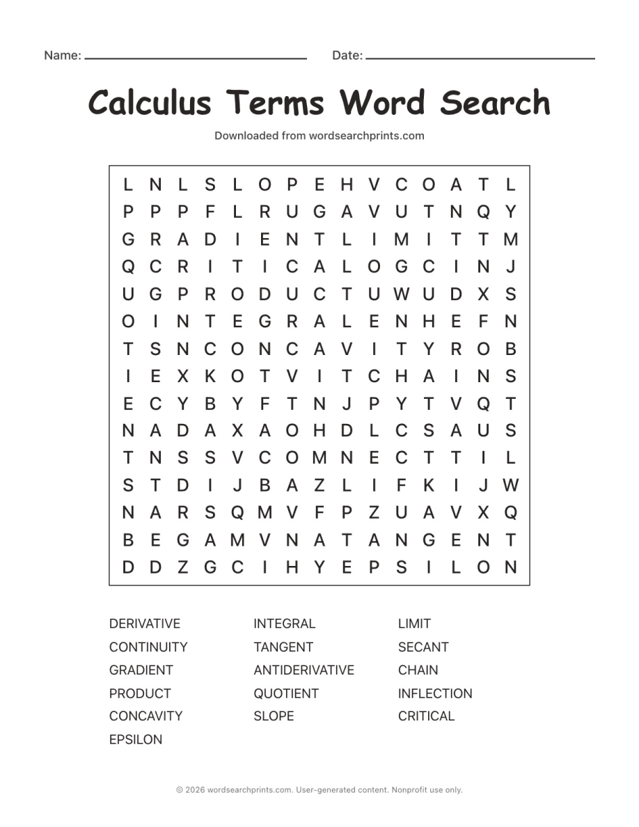 Calculus Terms Word Search