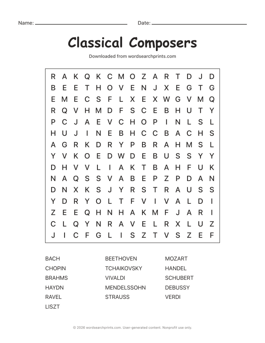 Classical Composers Word Search