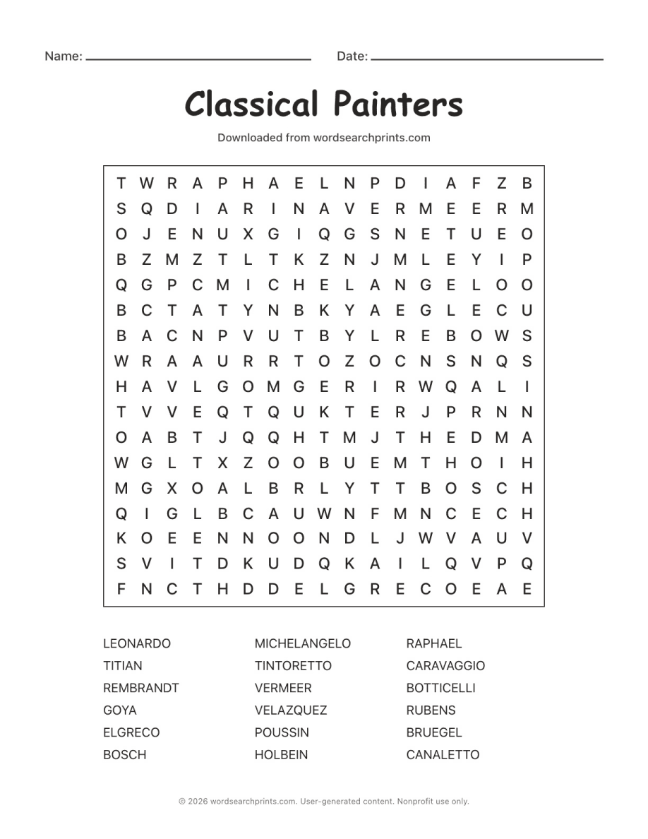 Classical Painters Word Search