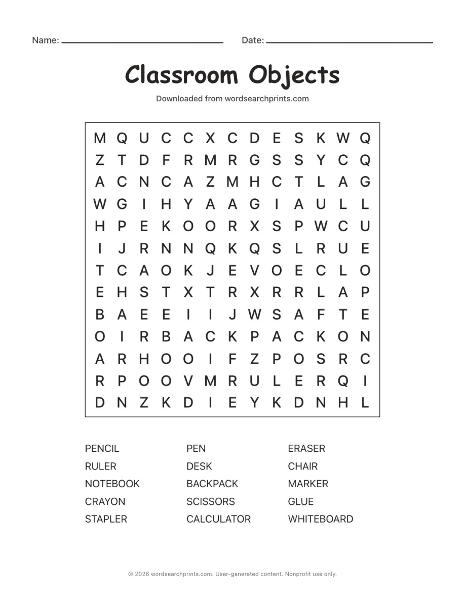 Classroom Objects Word Search