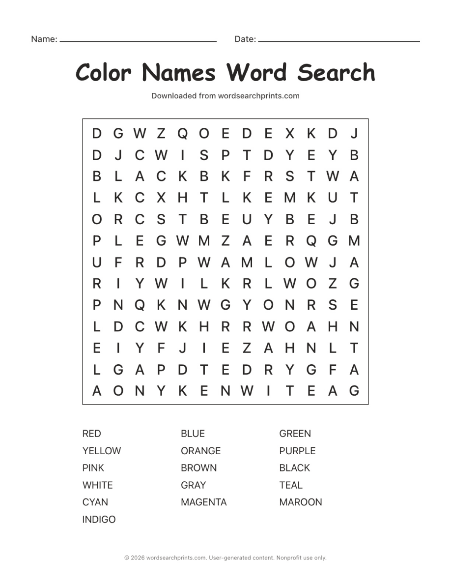 Color Names Word Search