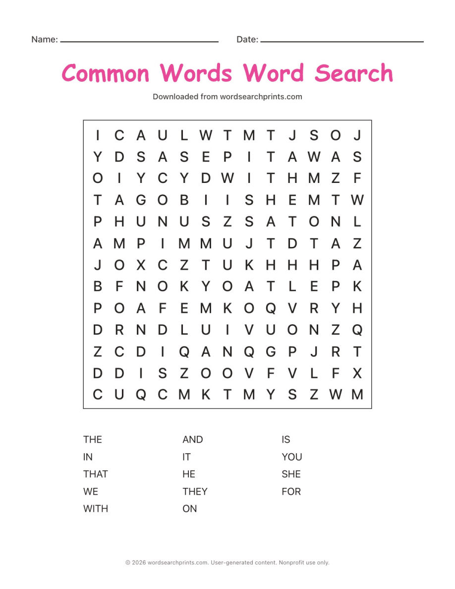 Common Words Word Search
