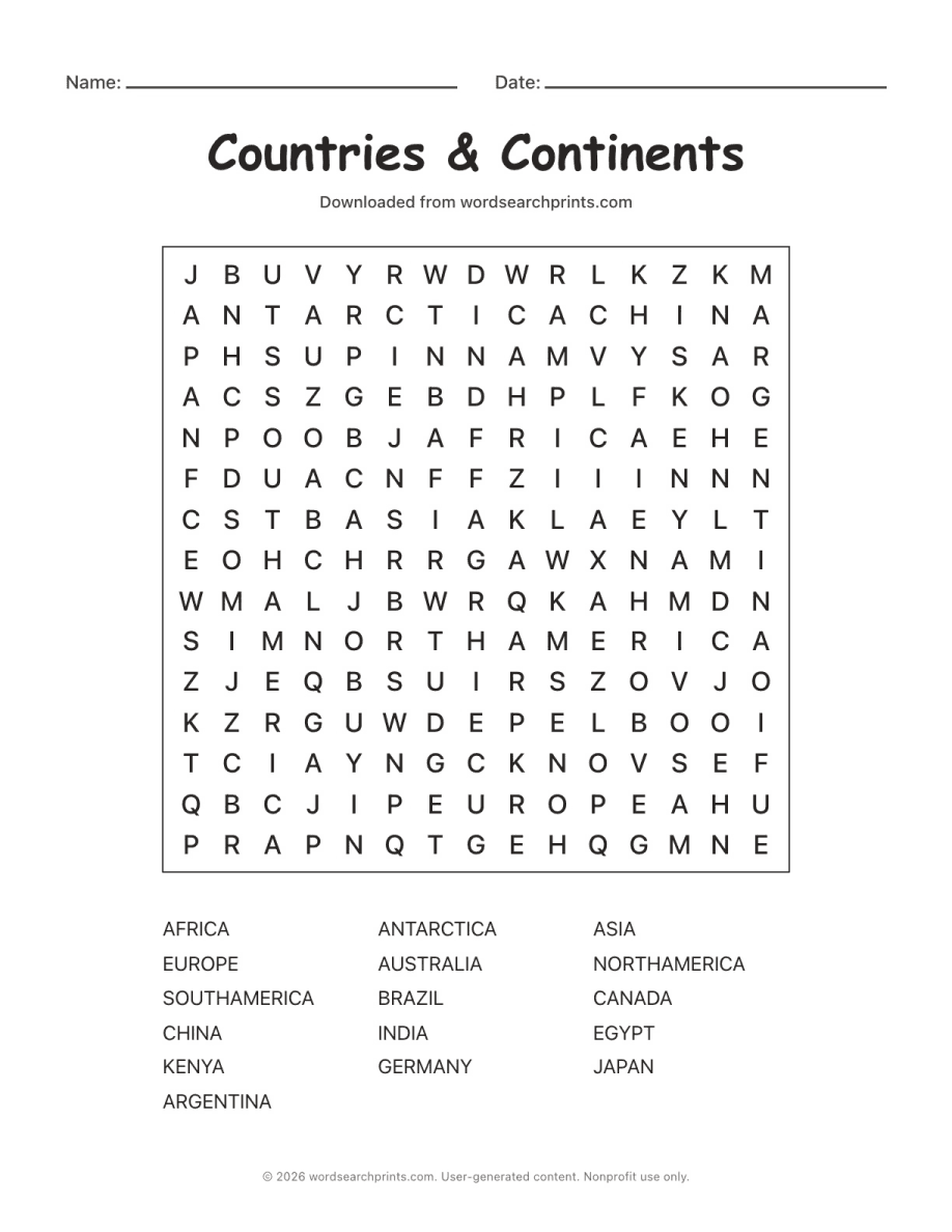 Countries & Continents Word Search