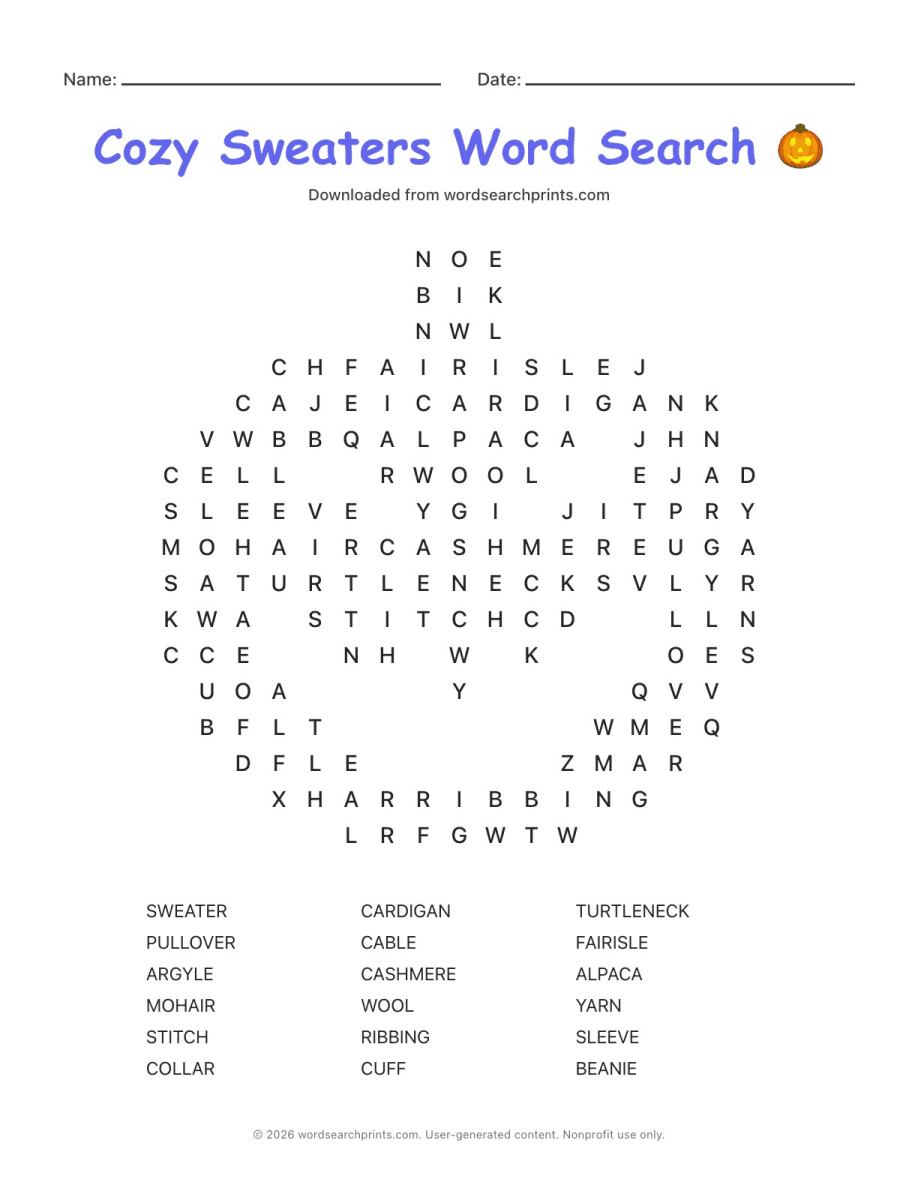 Cozy Sweaters Word Search