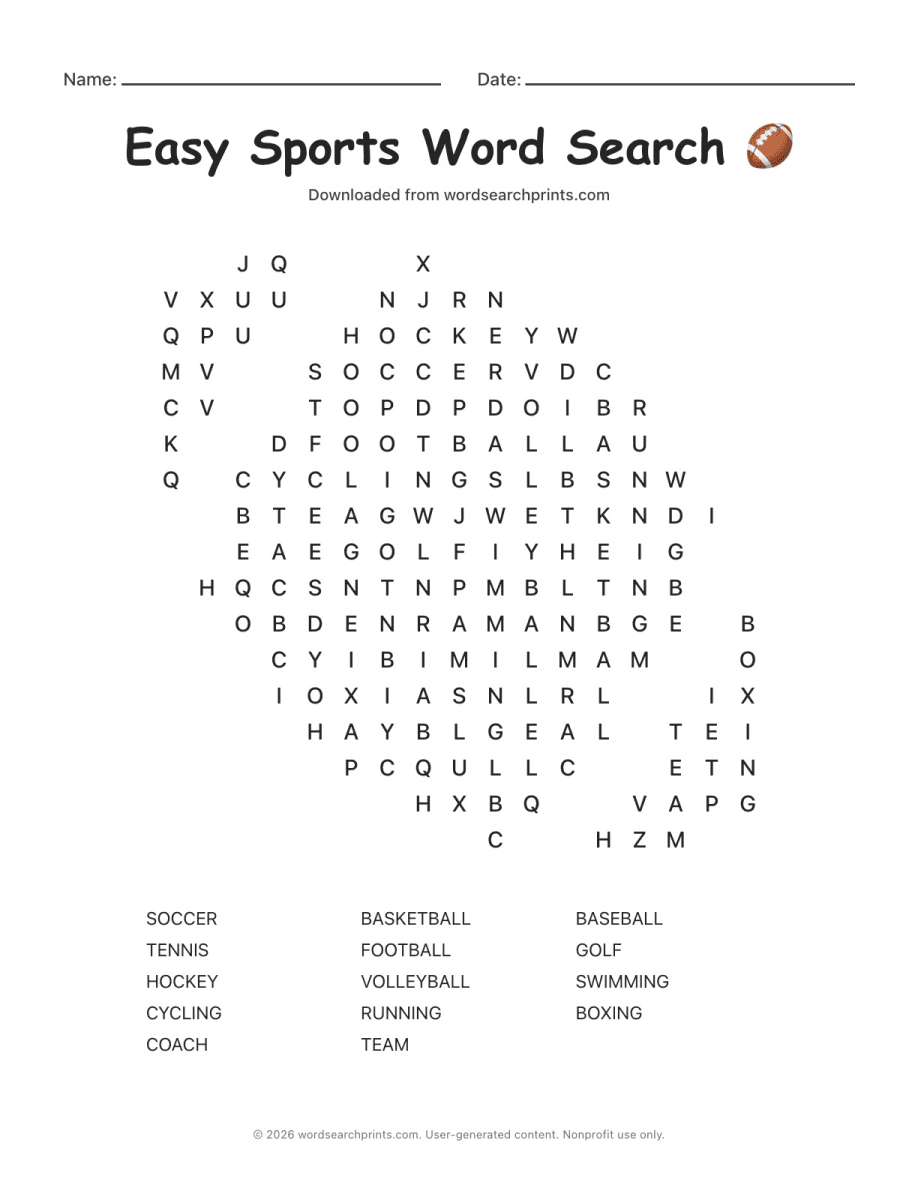 Easy Sports Word Search