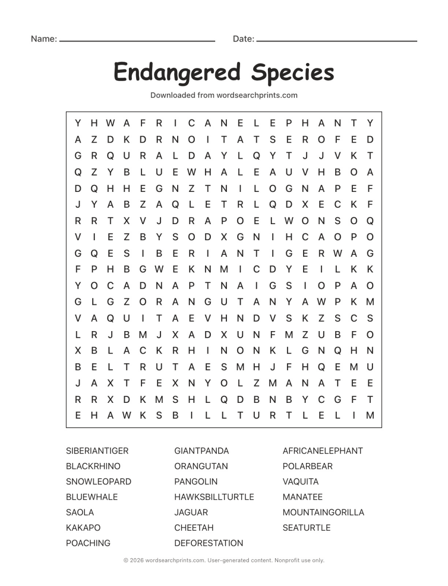Endangered Species Word Search