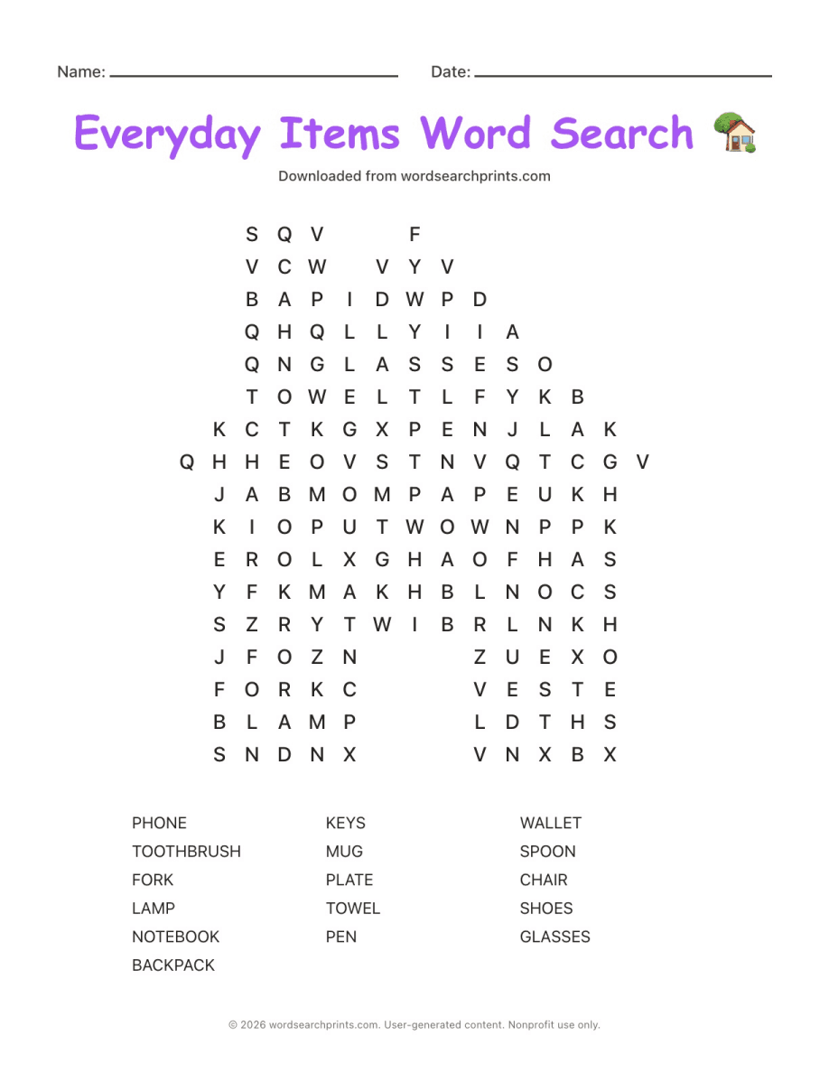 Everyday Items Word Search
