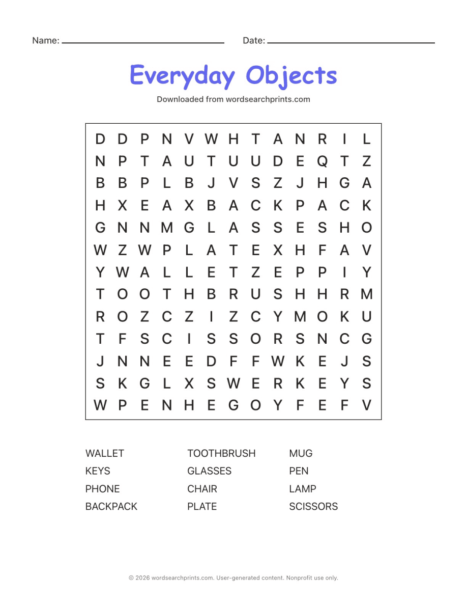 Everyday Objects Word Search