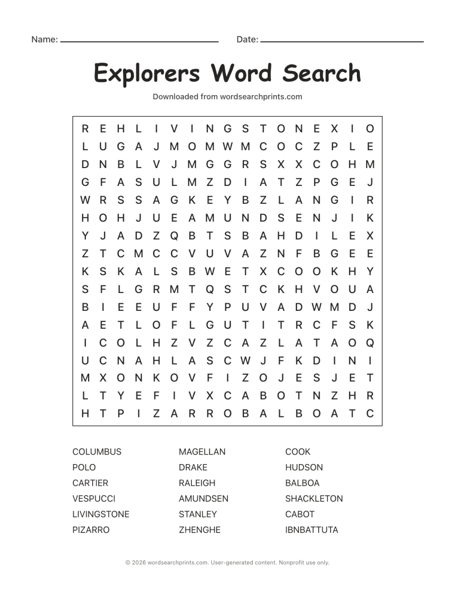 Explorers Word Search