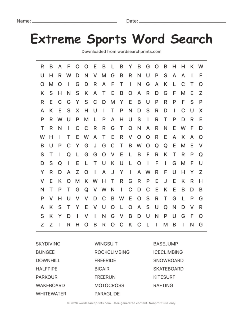 Extreme Sports Word Search