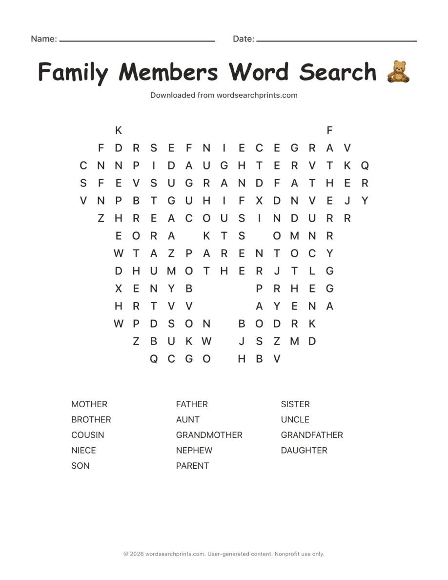 Family Members Word Search