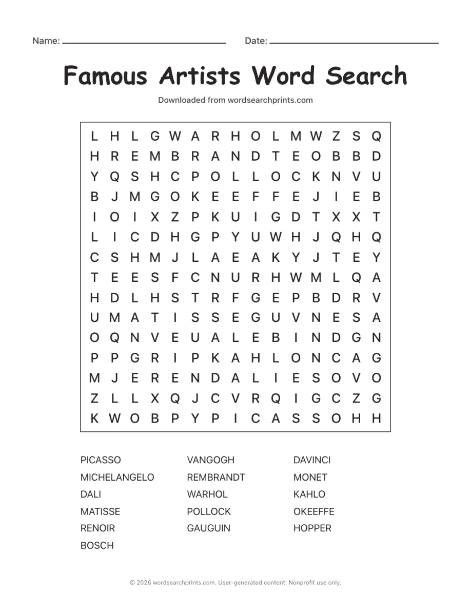 Famous Artists Word Search