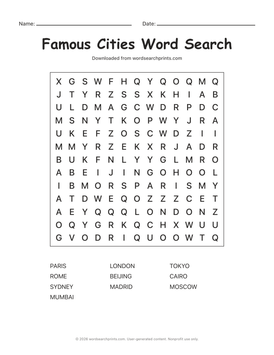 Famous Cities Word Search