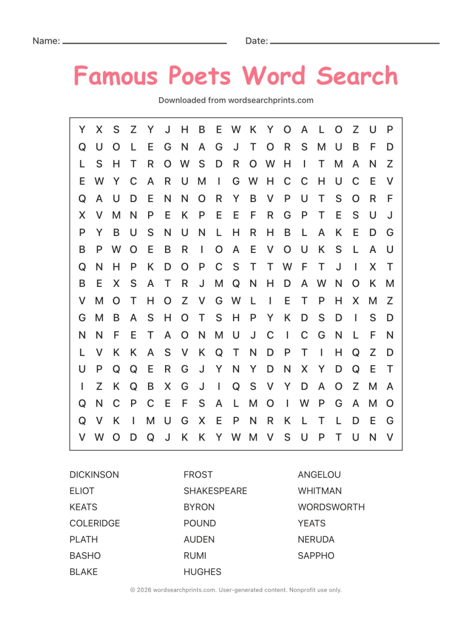 Famous Poets Word Search