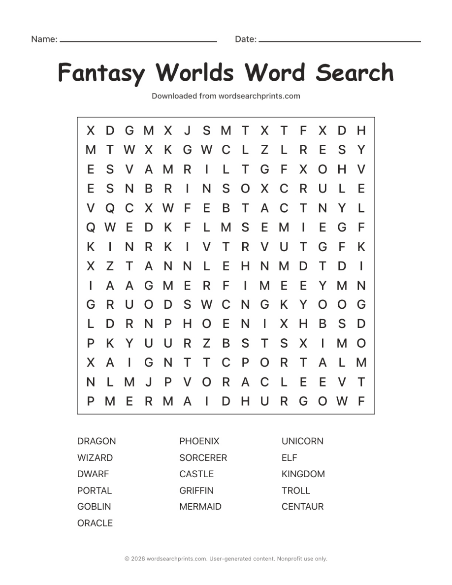 Fantasy Worlds Word Search