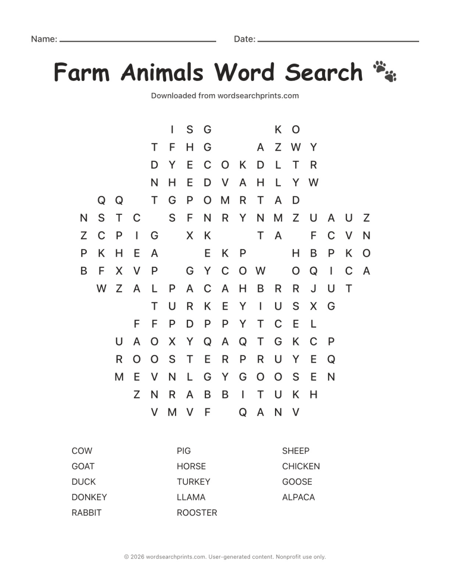 Farm Animals Word Search