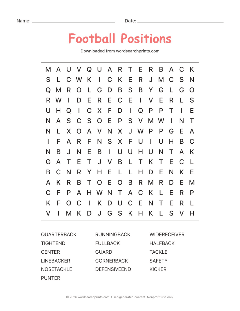 Football Positions Word Search