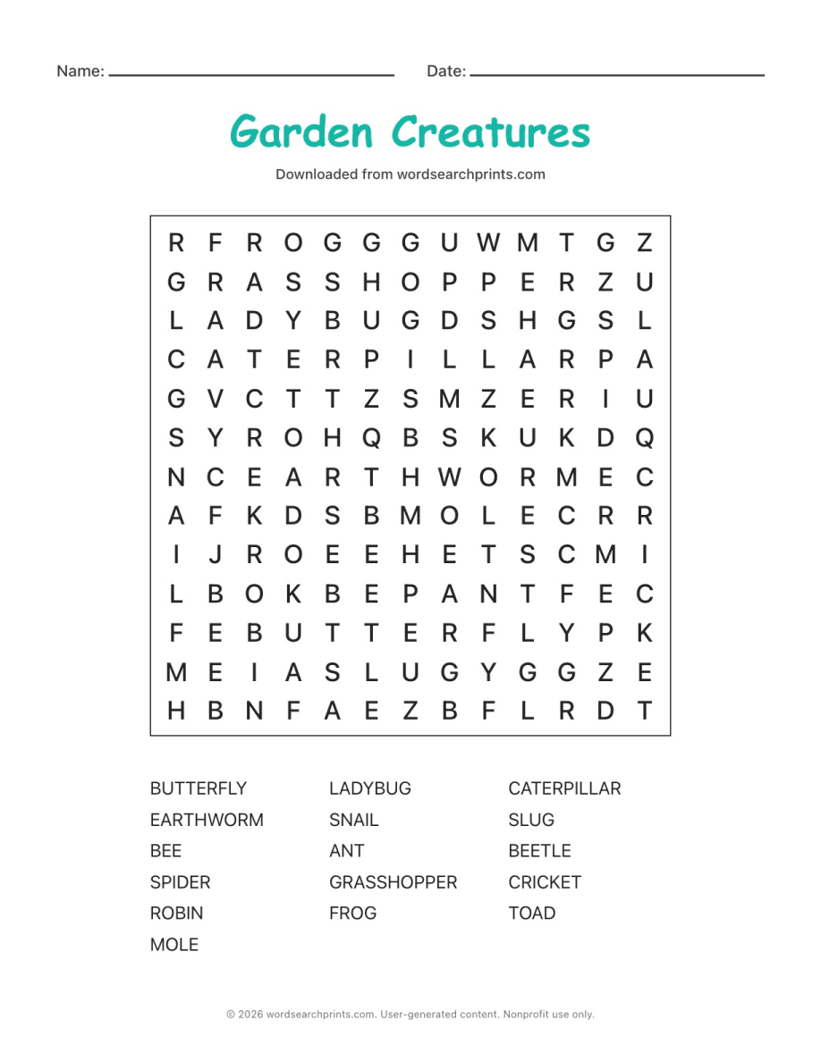 Garden Creatures Word Search