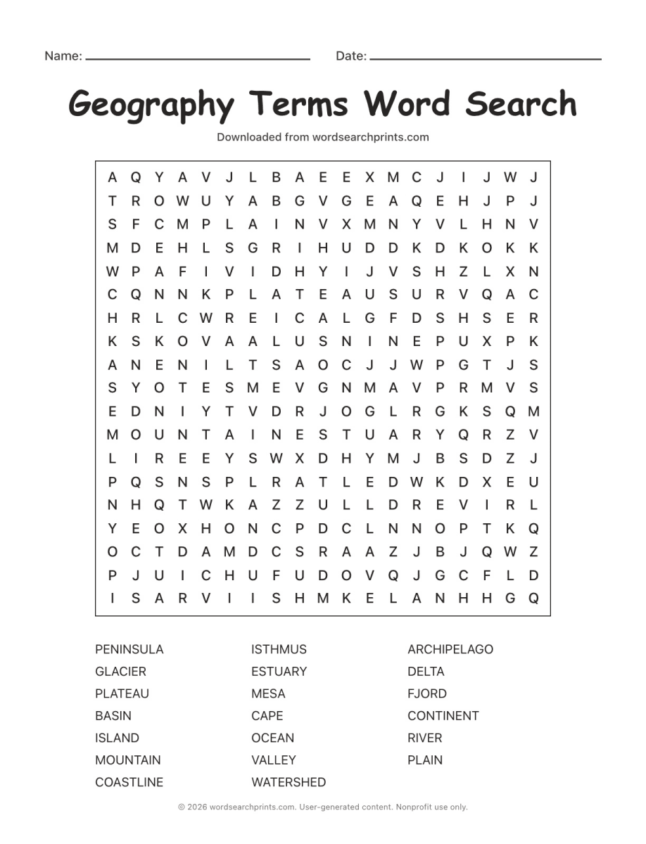 Geography Terms Word Search