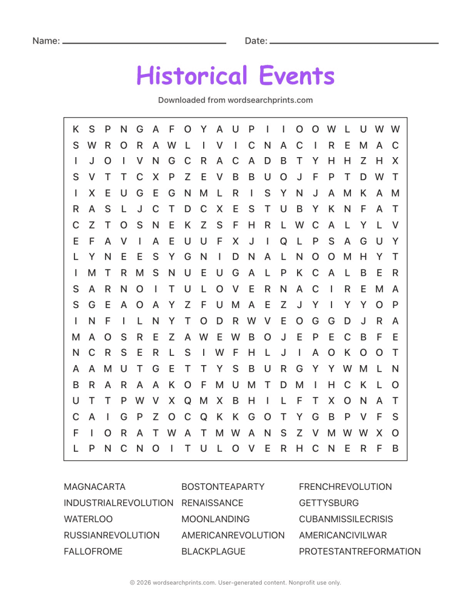 Historical Events Word Search