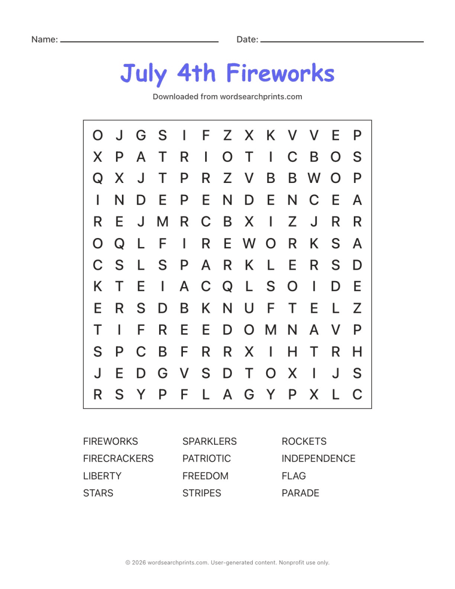 July 4th Fireworks Word Search