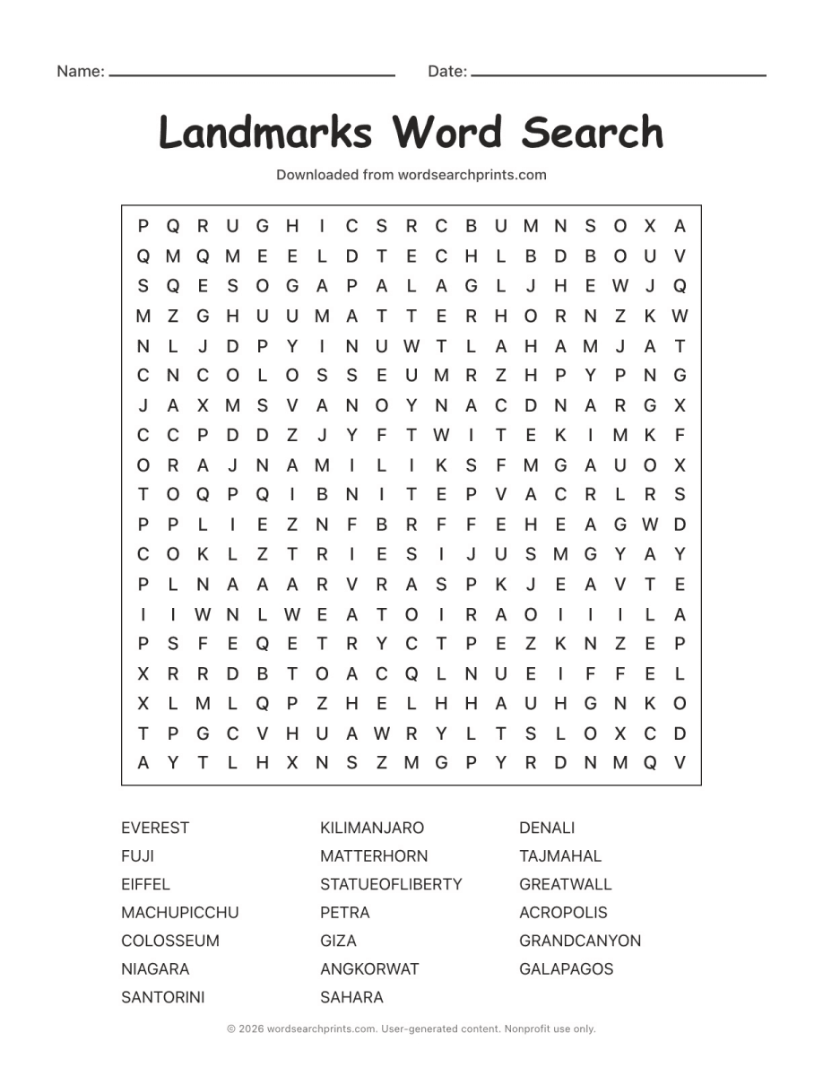 Landmarks Word Search