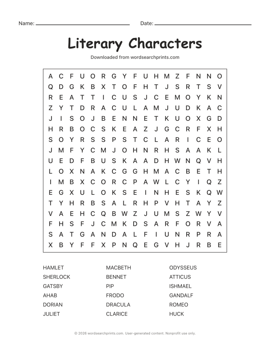 Literary Characters Word Search