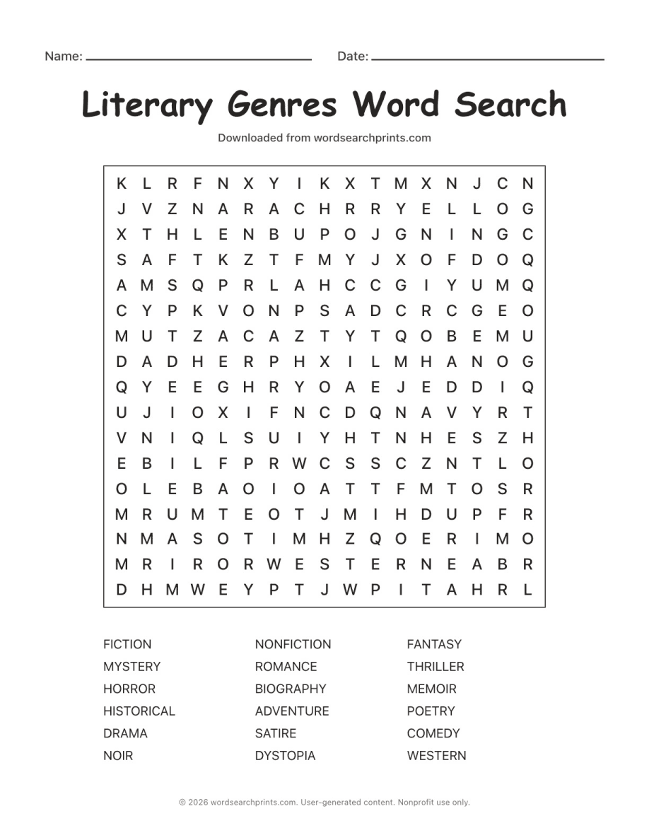 Literary Genres Word Search