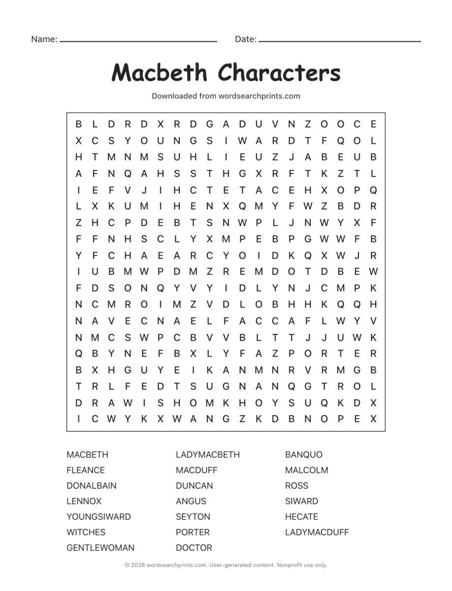 Macbeth Characters Word Search