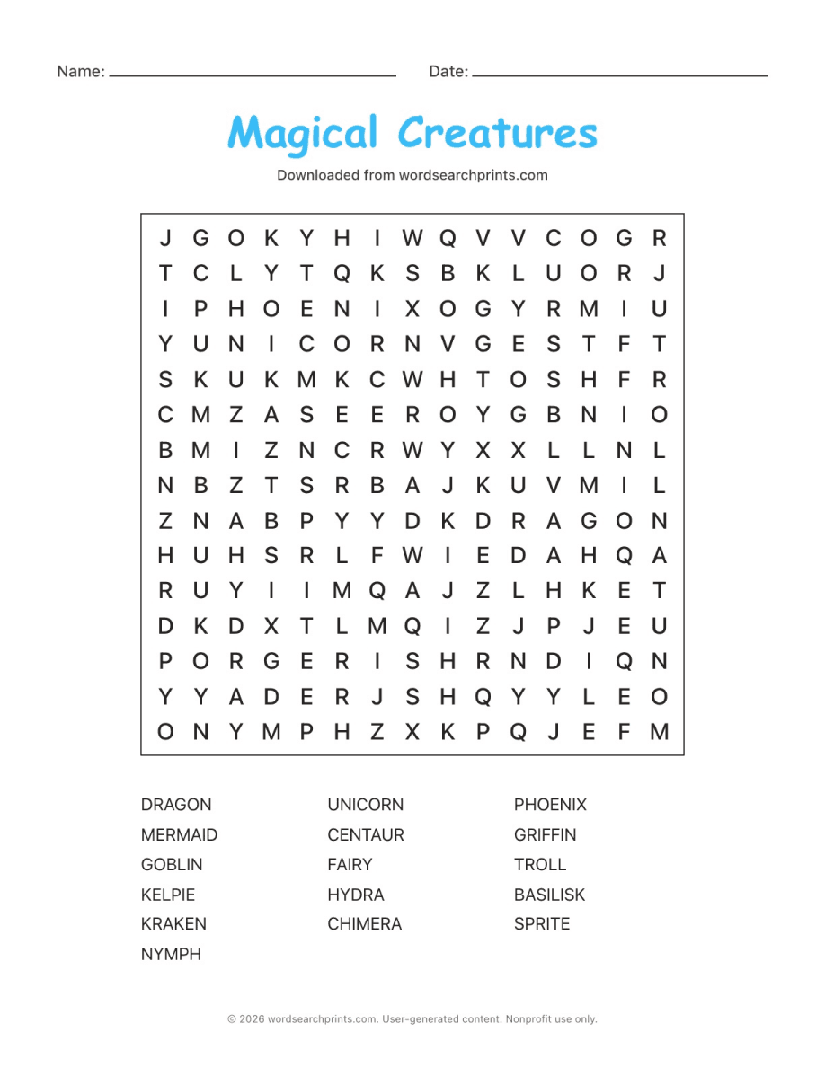 Magical Creatures Word Search