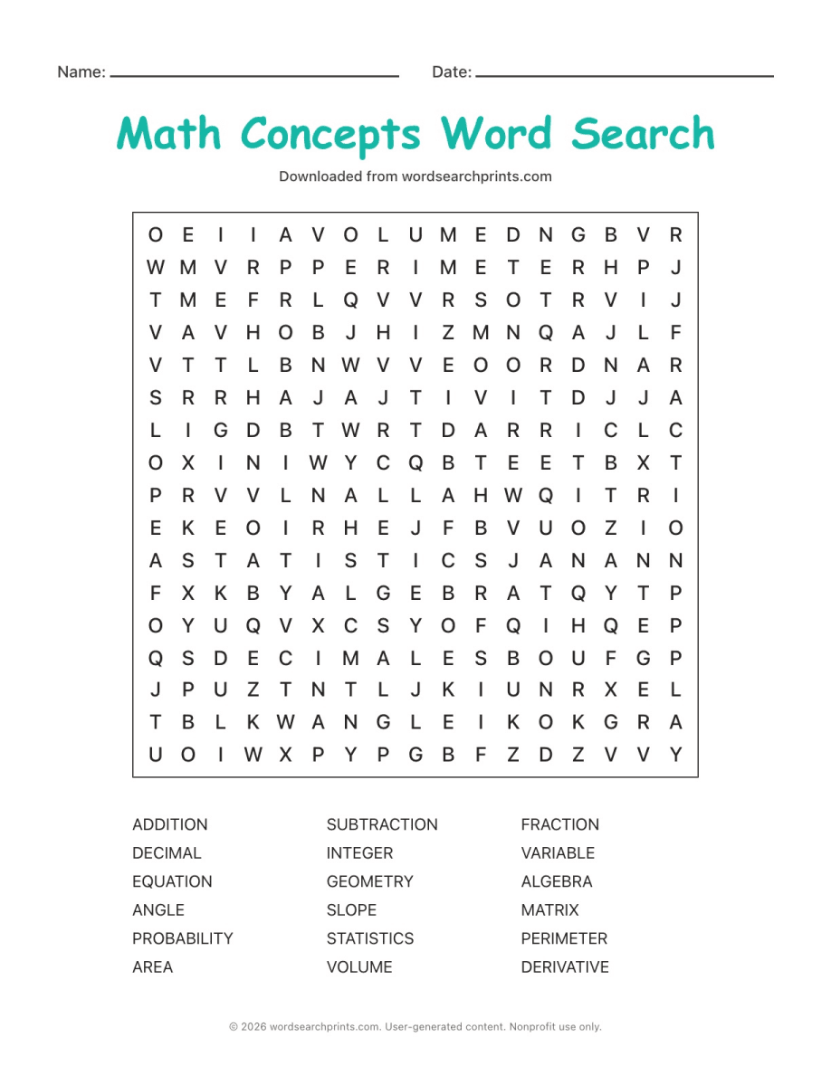 Math Concepts Word Search