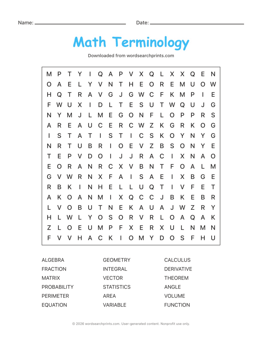 Math Terminology Word Search