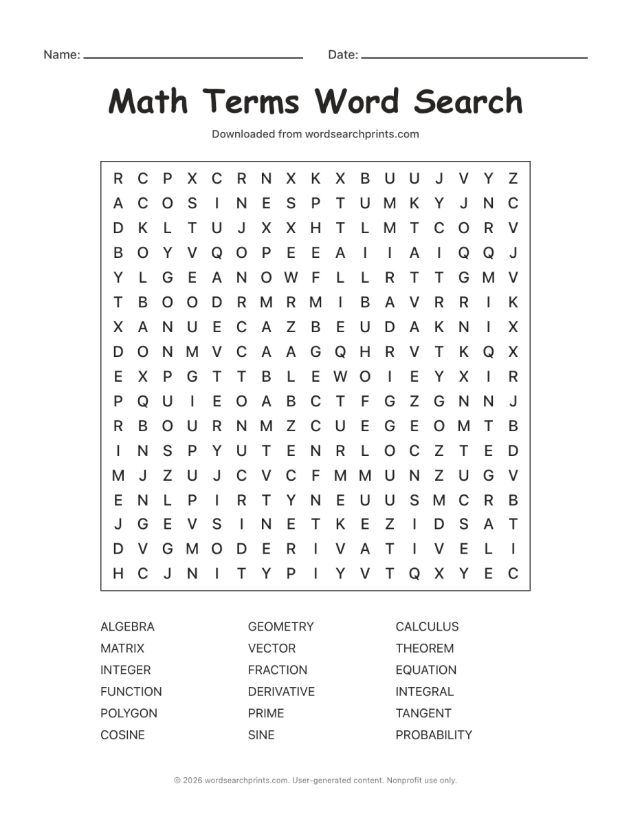 Math Terms Word Search