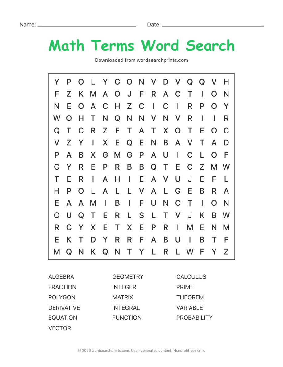 Math Terms Word Search