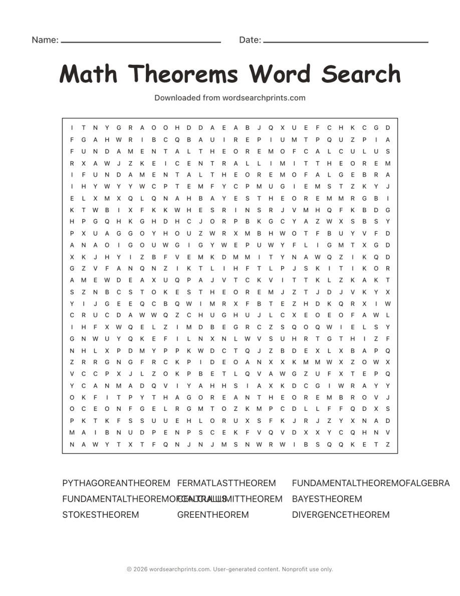 Math Theorems Word Search