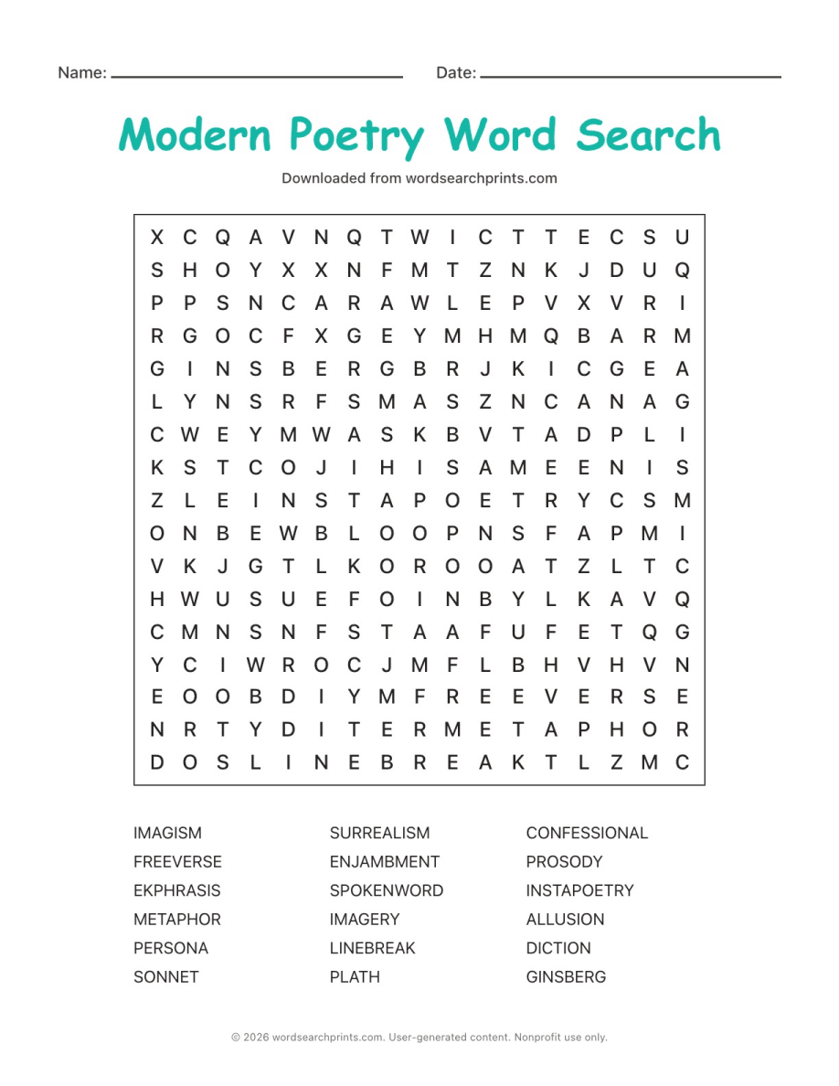 Modern Poetry Word Search