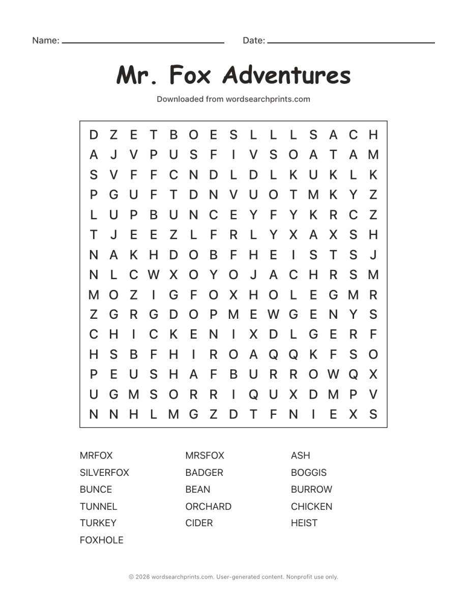 Mr. Fox Adventures Word Search