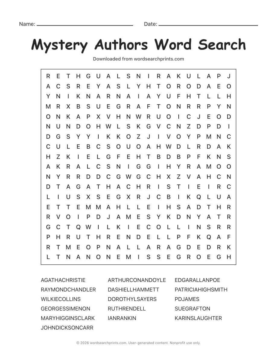 Mystery Authors Word Search