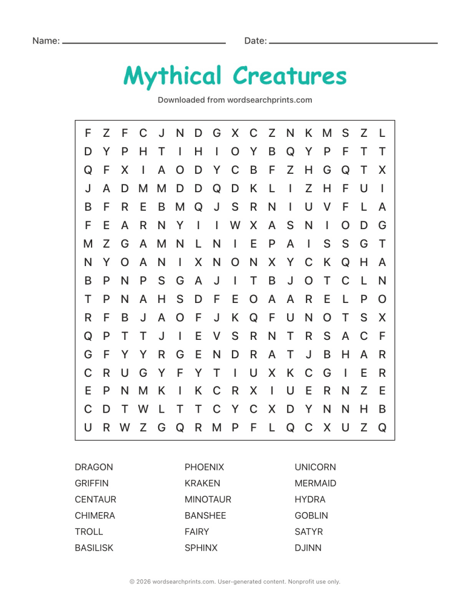 Mythical Creatures Word Search