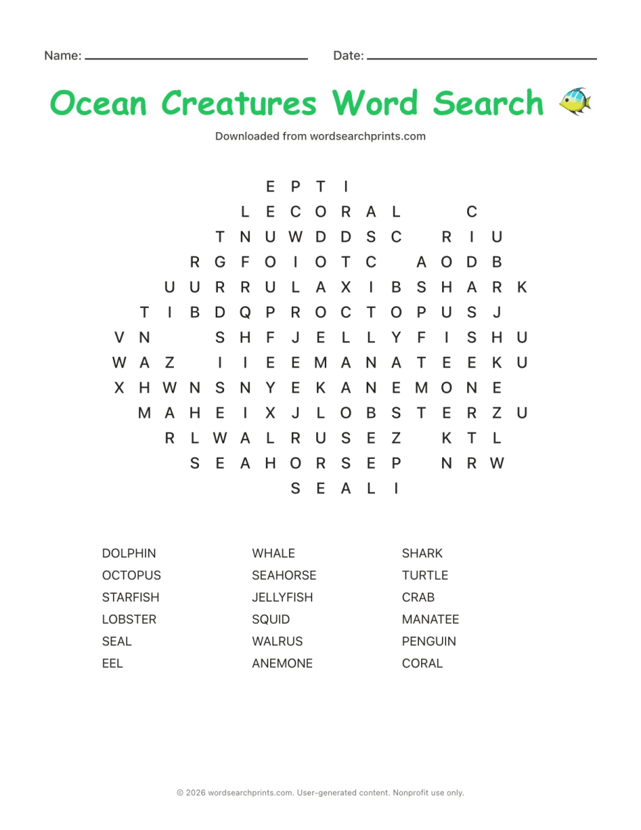 Ocean Creatures Word Search